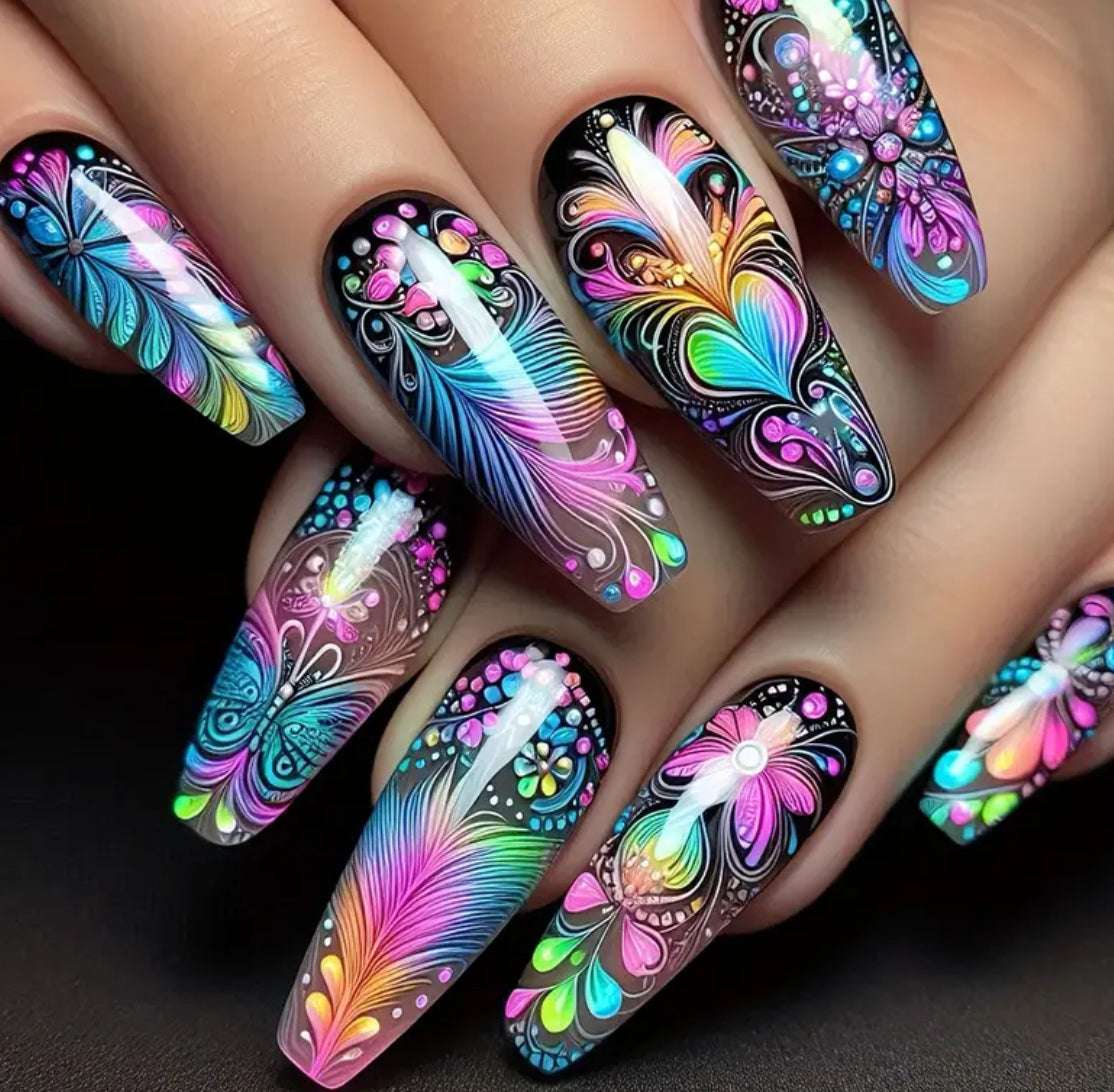 Full Set of 24 Long Ballet Shaped Fake Nails Mixed Color Design, Hearts, Feathers, Butterflies, Floral Design with a Glossy Finish