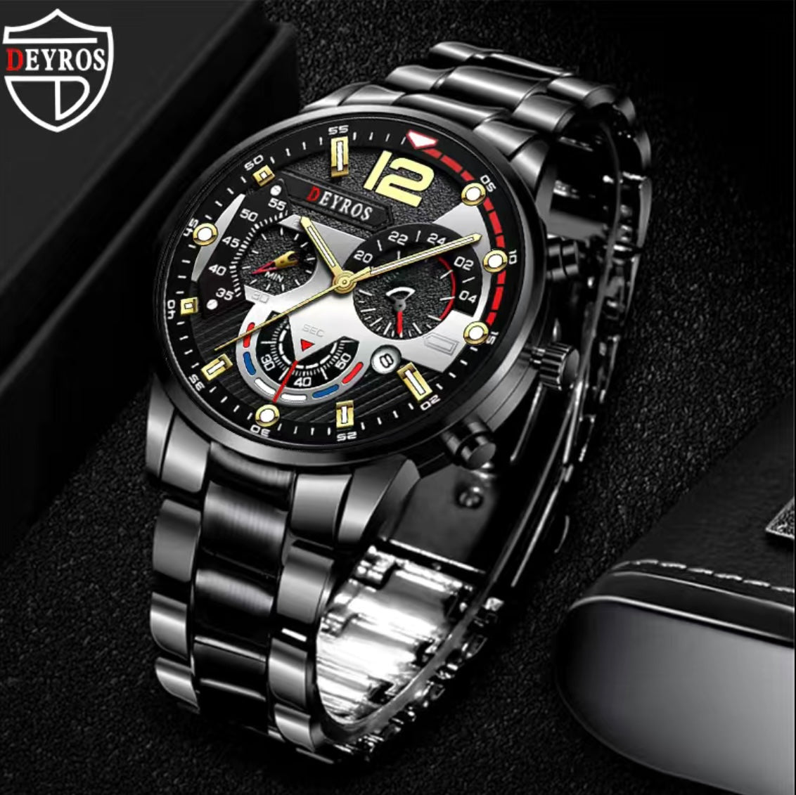 1 pc Black Stainless Steel Luxury Sports Watch Fashion Great Gift - EmporiumDepot
