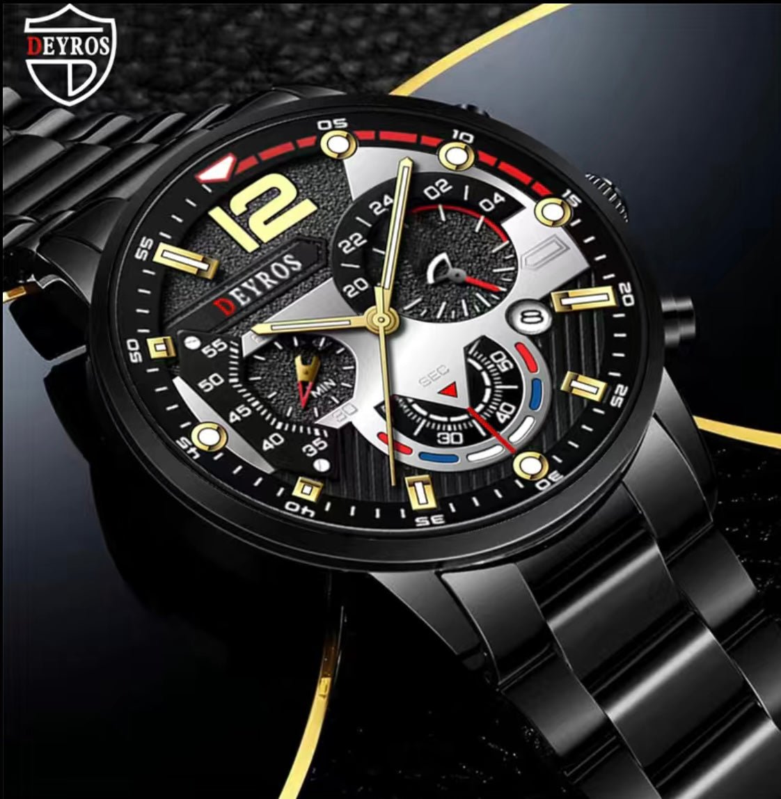 1 pc Black Stainless Steel Luxury Sports Watch Fashion Great Gift - EmporiumDepot