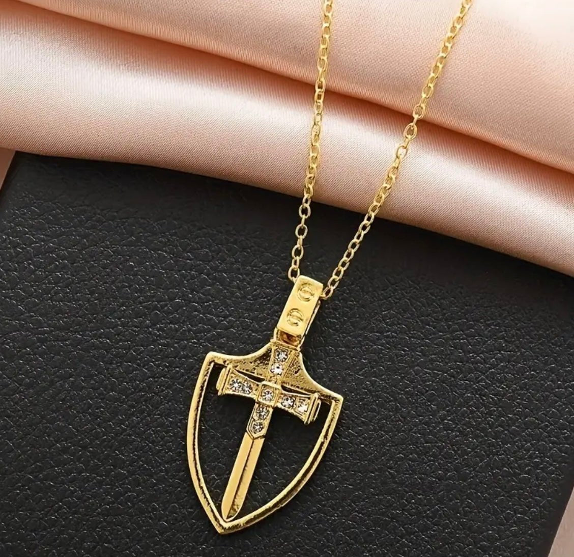 1 Pc Gold Plated Sword and Shield Pendant and Chain - EmporiumDepot