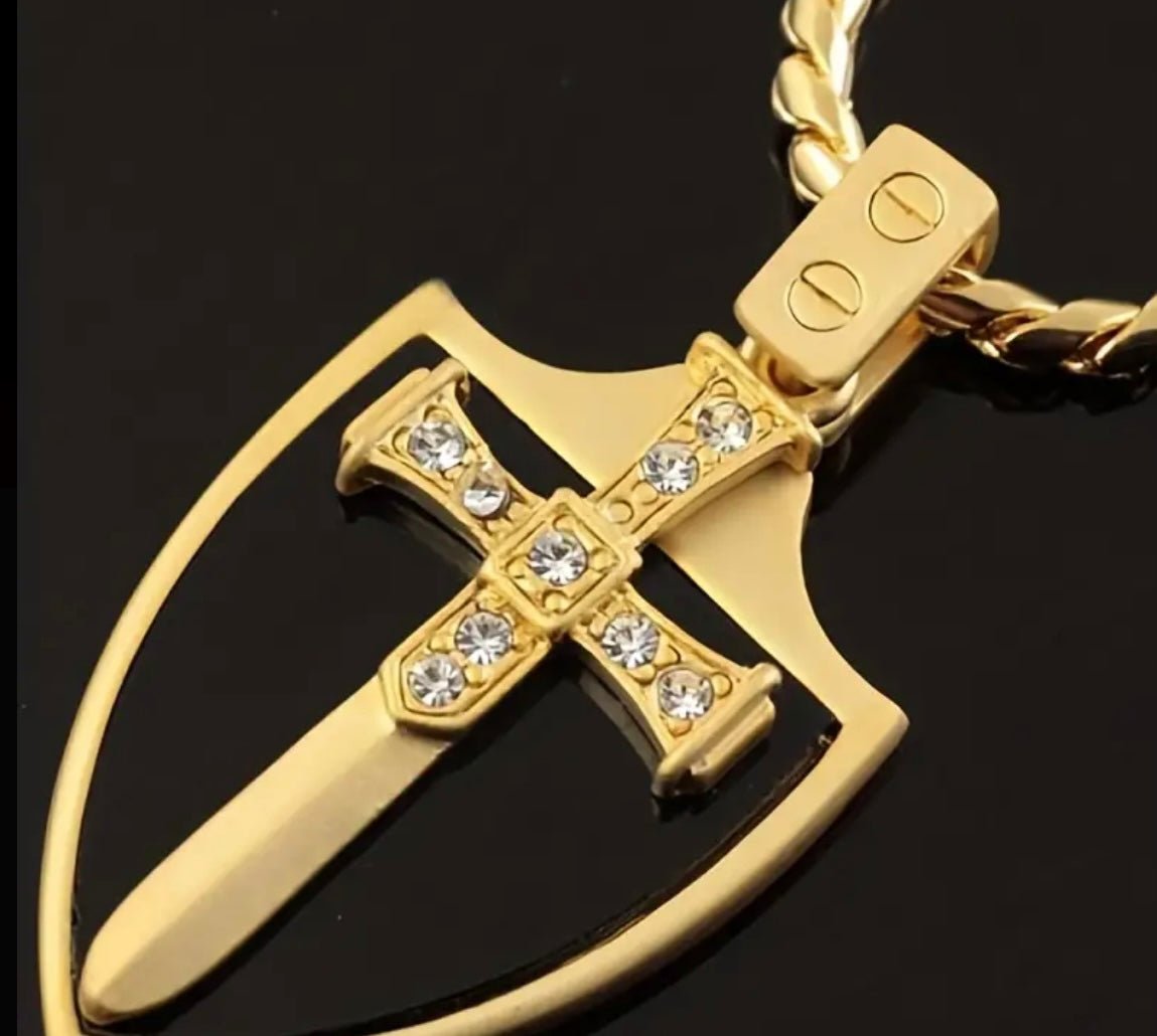 1 Pc Gold Plated Sword and Shield Pendant and Chain - EmporiumDepot