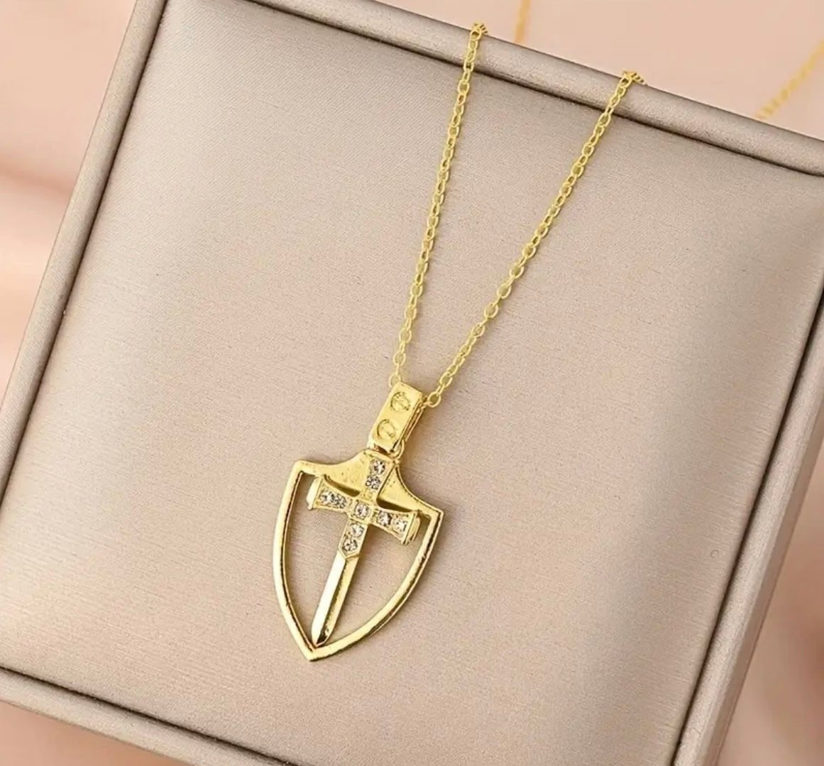 1 Pc Gold Plated Sword and Shield Pendant and Chain - EmporiumDepot