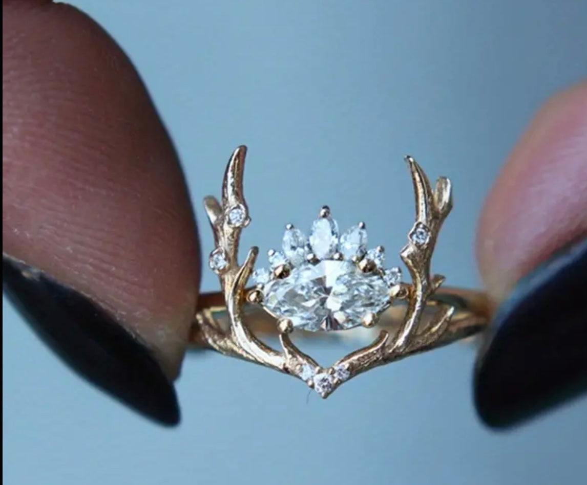 Gold-Tone Deer Antler Ring with CZ Stone