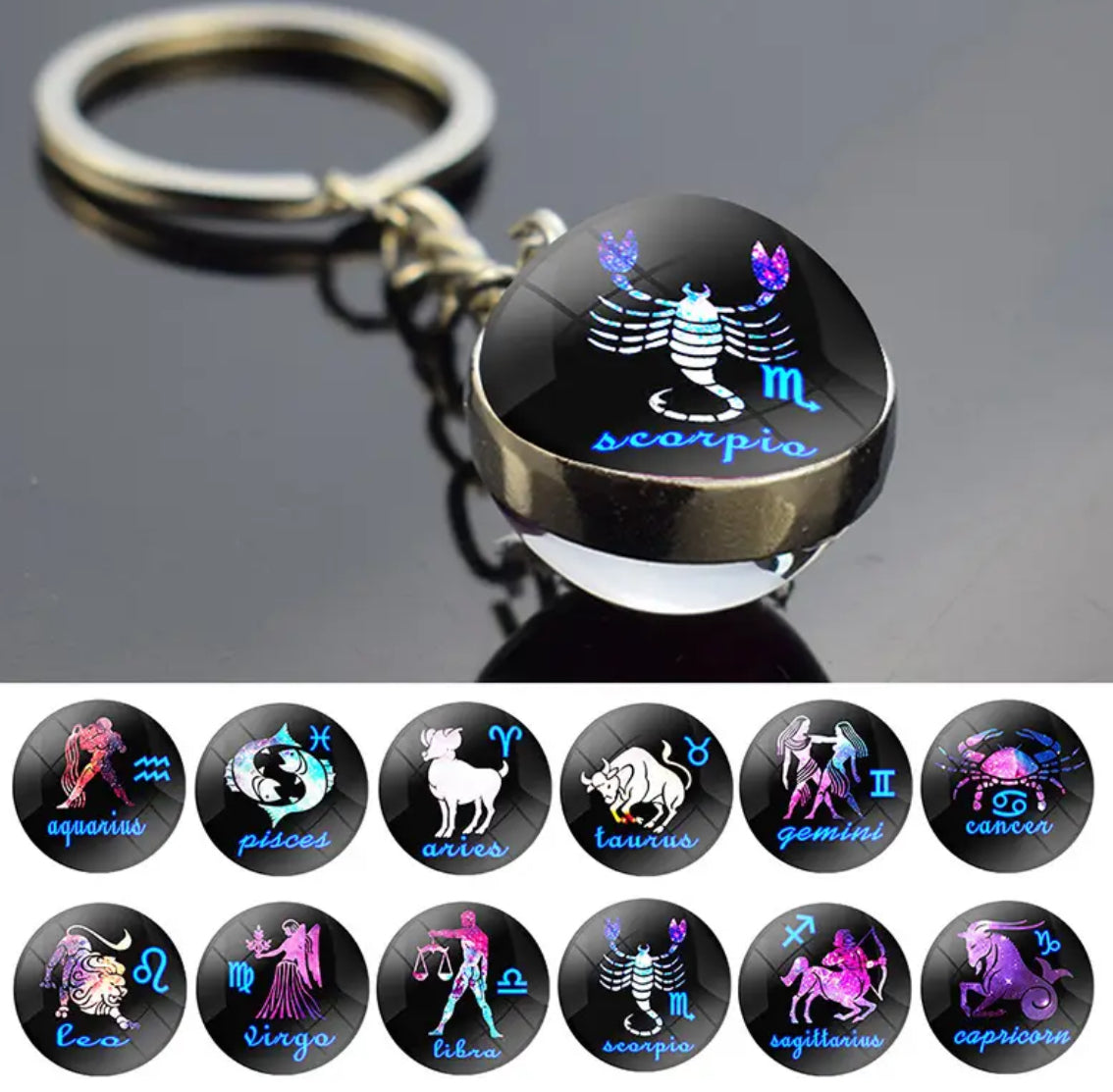 Pick Your Zodiac Custom Made Glass Double Sided Pendant Keychain