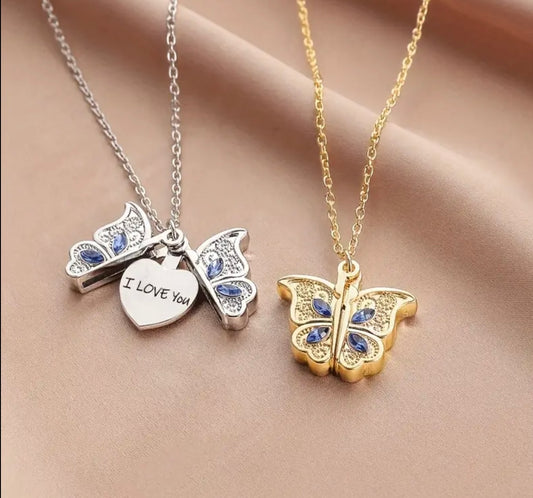 1 pc Openable Butterfly With Lettering Heart Pendant & Necklace Fashion Jewelry