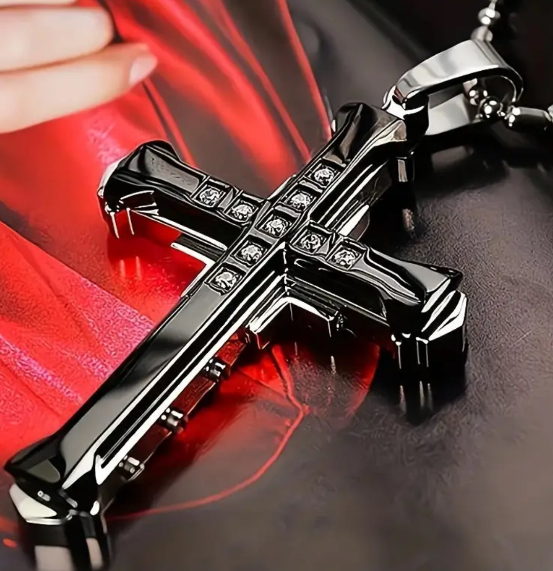 1 Piece Titanium Steel Cross Pendant Necklace With Zircon Inlaid for Men Classic Vintage Jewelry