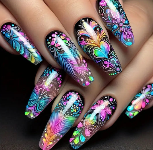 Full Set of 24 Long Ballet Shaped Fake Nails Mixed Color Design, Hearts, Feathers, Butterflies, Floral Design with a Glossy Finish