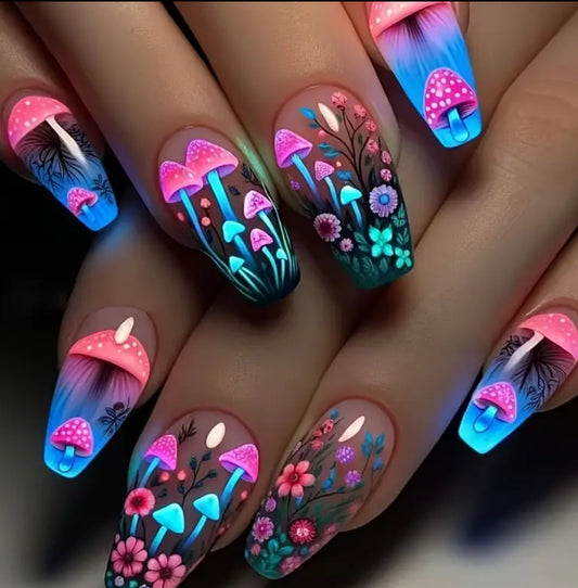 30pcs Monina Press on Nails Whimsical Mushroom & Floral Design Glossy Neon Blue and Pink