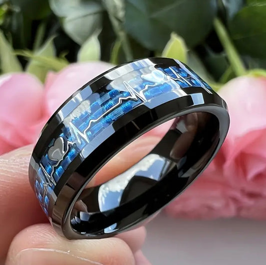 Stylish 8mm Stainless Steel Ring With Heartbeat Design & Black Carbon Fiber