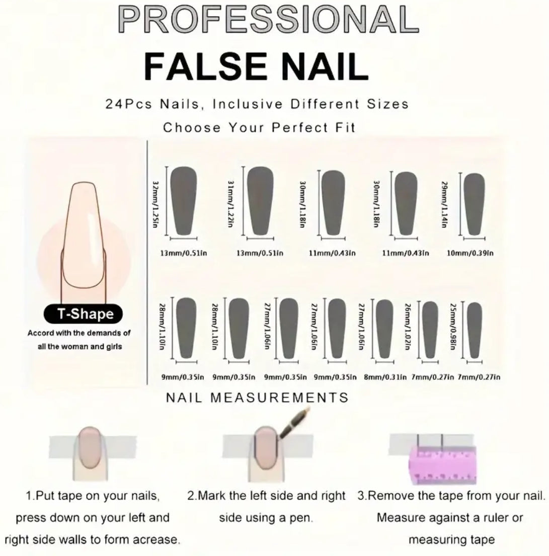 Full Set of 24 Long Ballet Shaped Fake Nails Mixed Color Design, Hearts, Feathers, Butterflies, Floral Design with a Glossy Finish