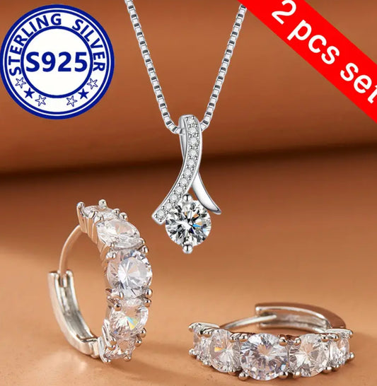 2 Piece 925 Sterling Silver Set Elegant Moissanite Pendant Necklace & Fashionable Earrings Exquisite Luxury Design