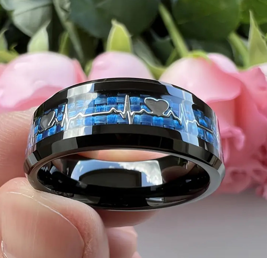 Stylish 8mm Stainless Steel Ring With Heartbeat Design & Black Carbon Fiber