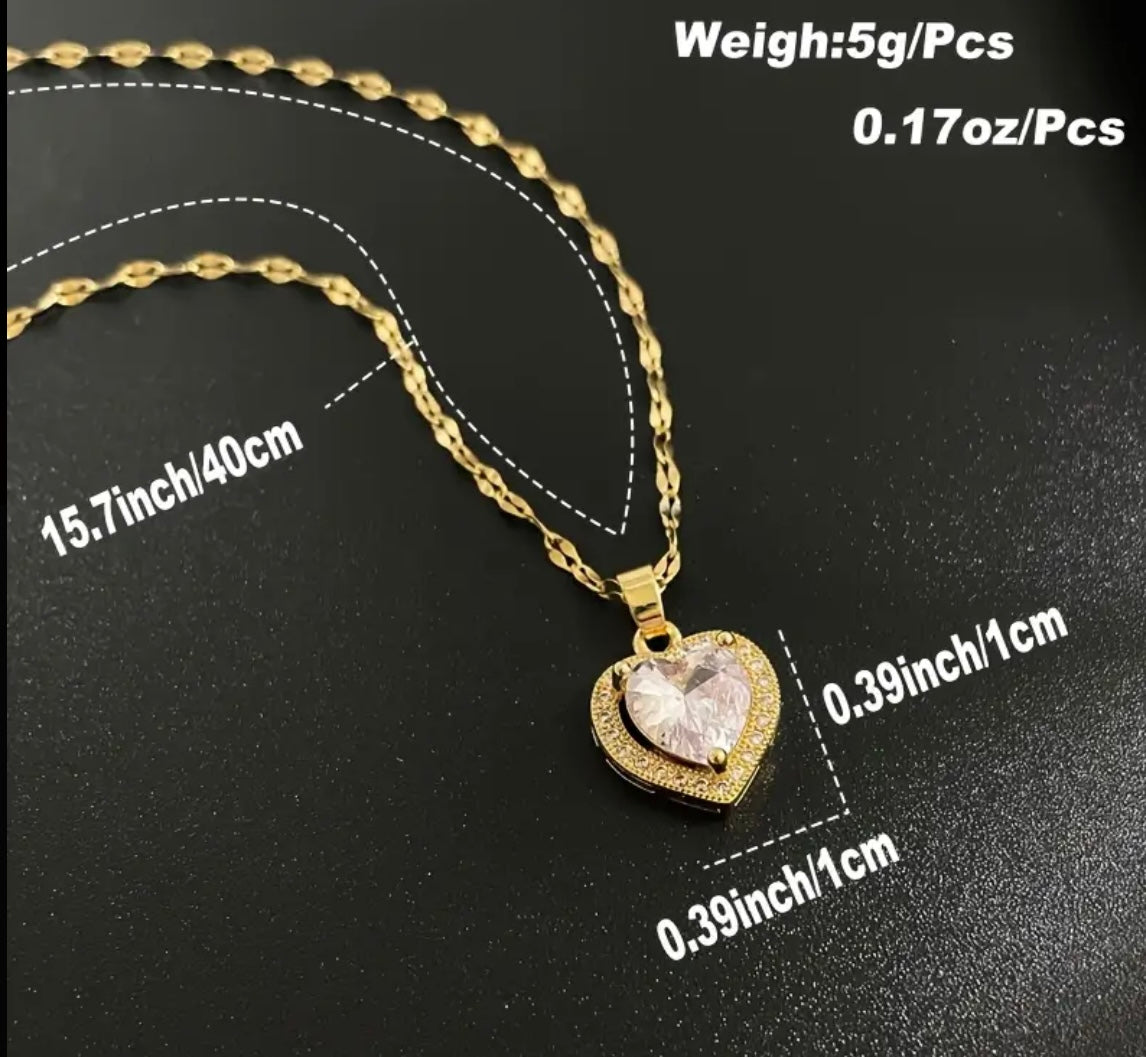 Heart Pendant Necklace Zircon Titanium Steel 24k plated chain