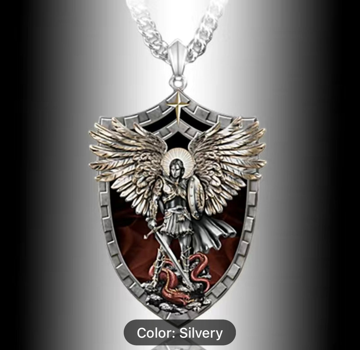 Stainless steel pendant and chain featuring a religious Saint Michael.