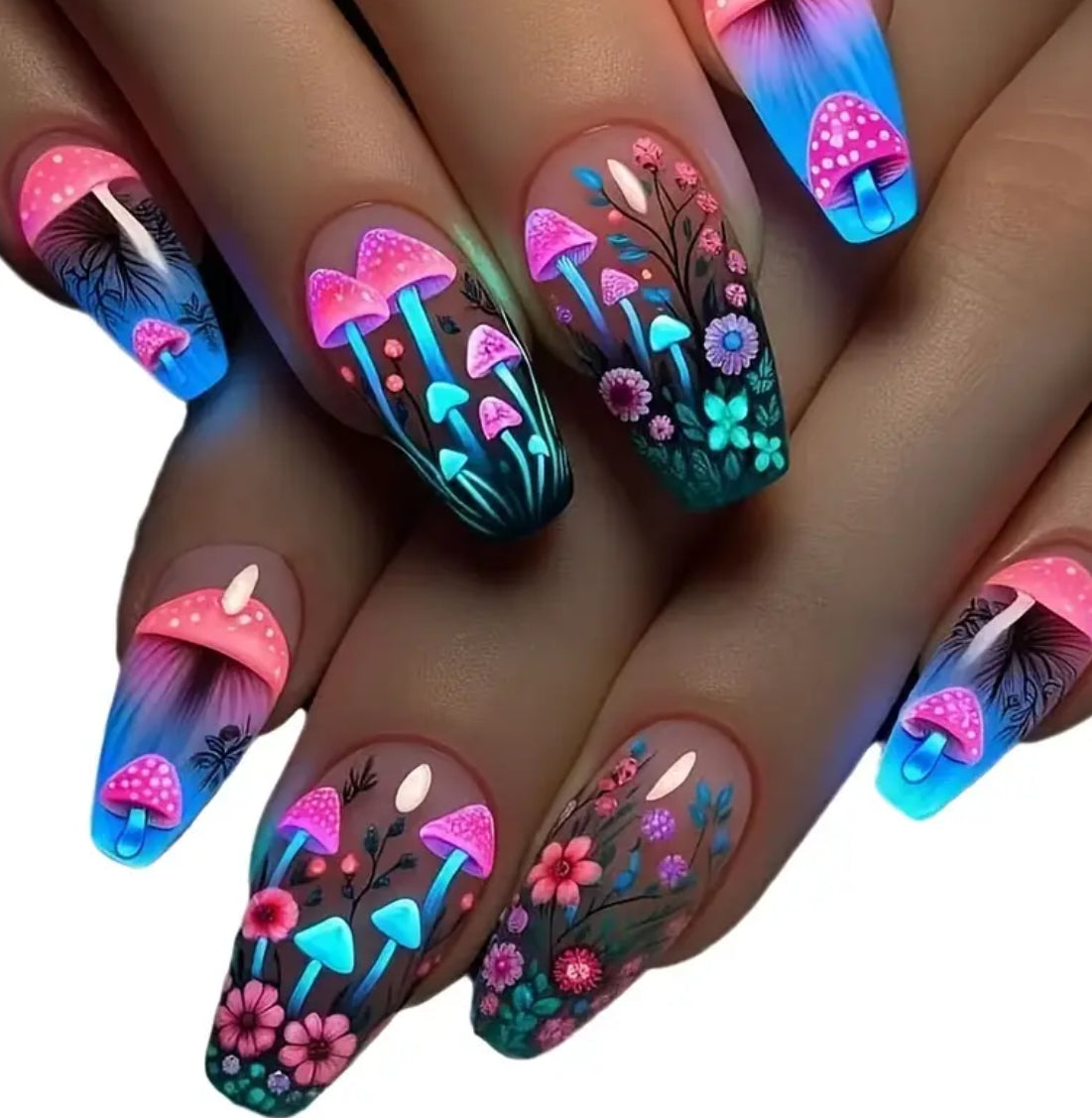 30pcs Monina Press on Nails Whimsical Mushroom & Floral Design Glossy Neon Blue and Pink