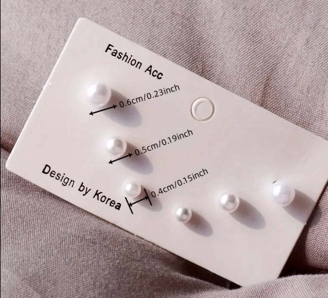 925 Silver Needle White Faux Pearl Stud Earring 3 pair set