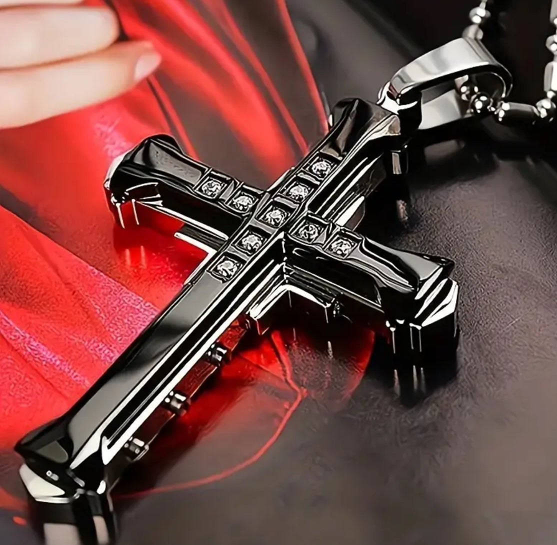 1 Piece Titanium Steel Cross Pendant Necklace With Zircon Inlaid for Men Classic Vintage Jewelry