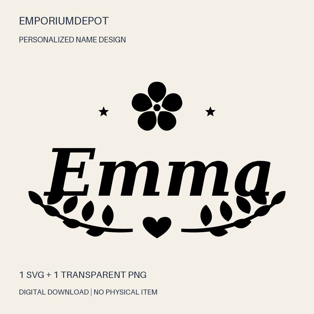 Emma name SVG with flower, leaves and heart