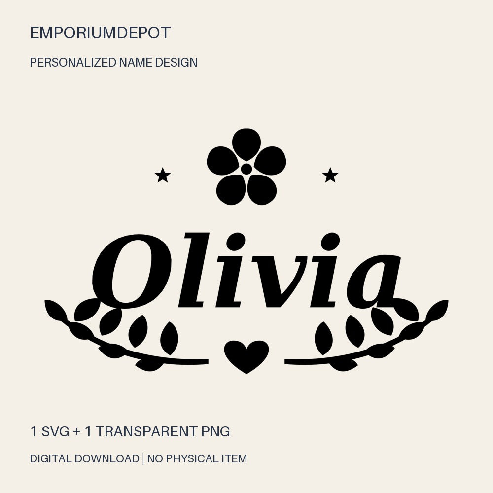 Olivia name SVG with flower, leaves and heart