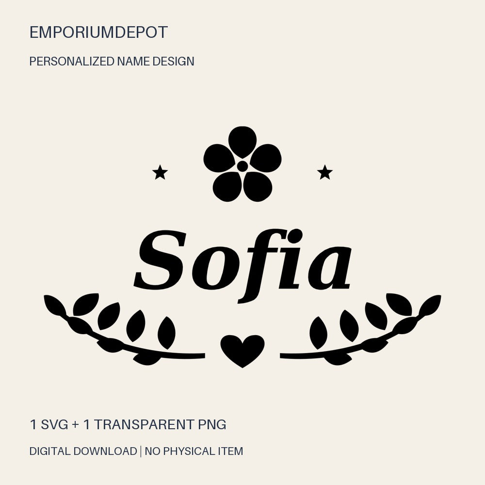 Sofia name SVG with flower, leaves and heart