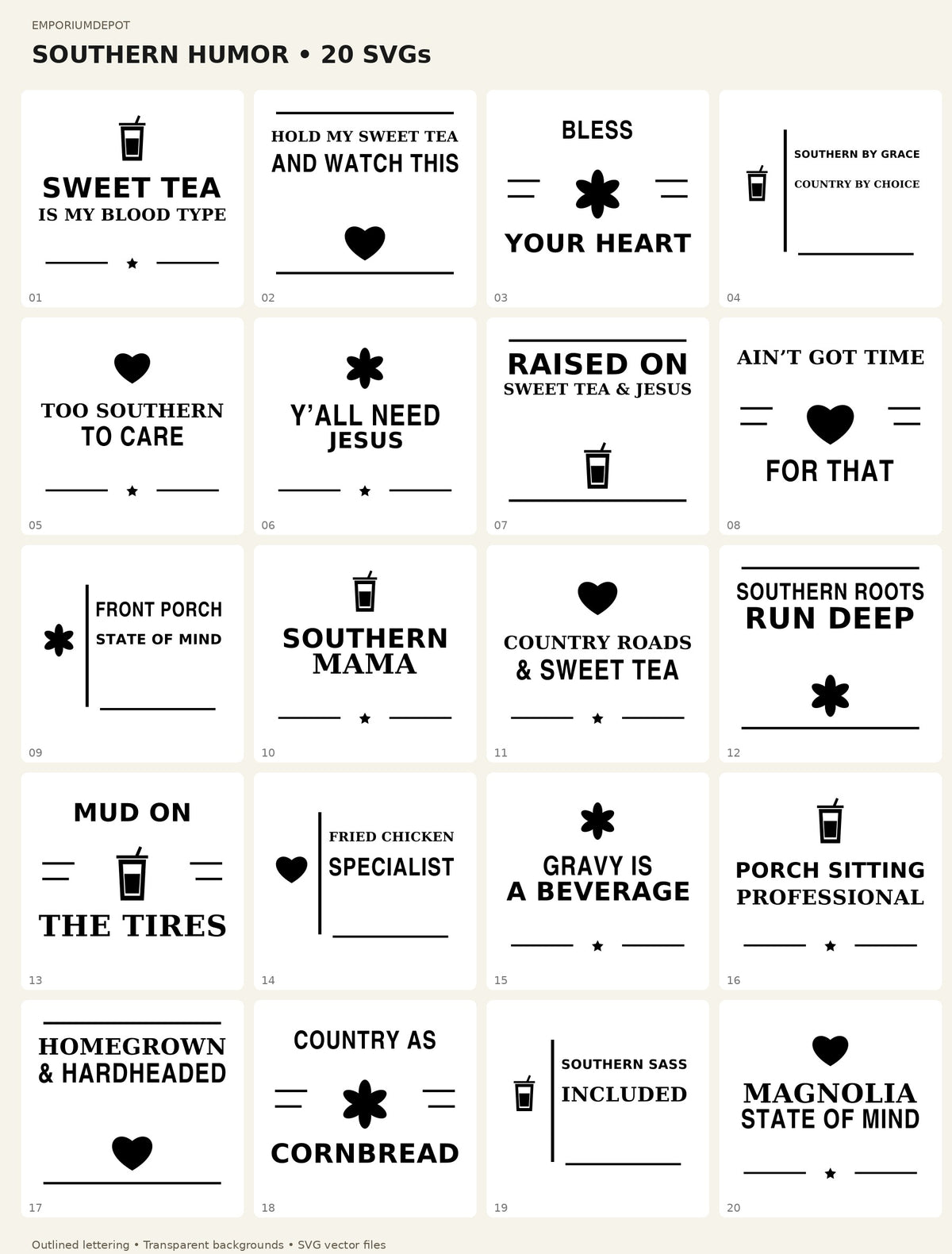 All 20 Southern Humor SVG designs included in the bundle