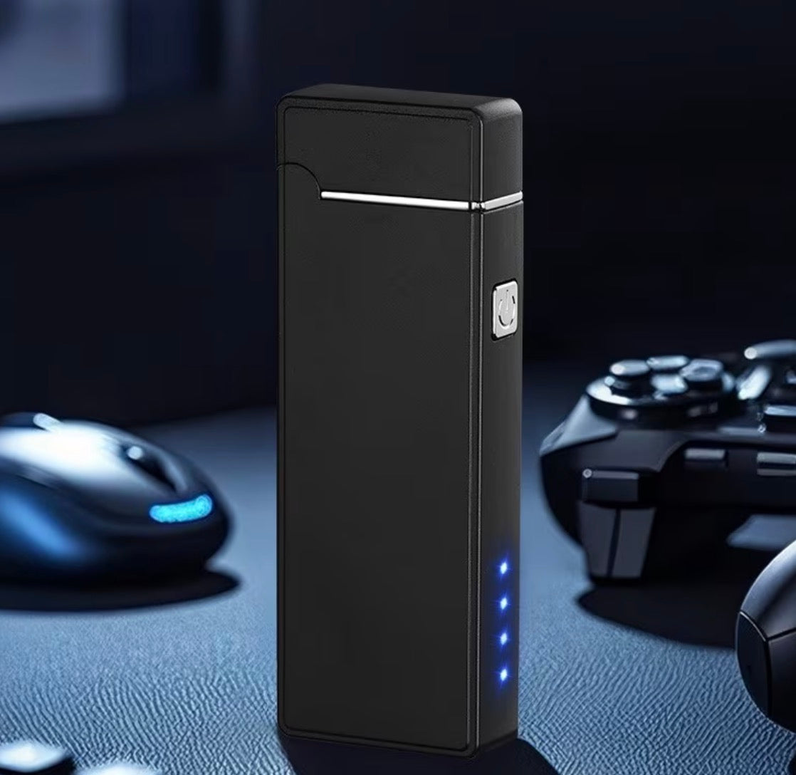 Black dual arc electronic lighter with flip-top lid and blue indicator lights