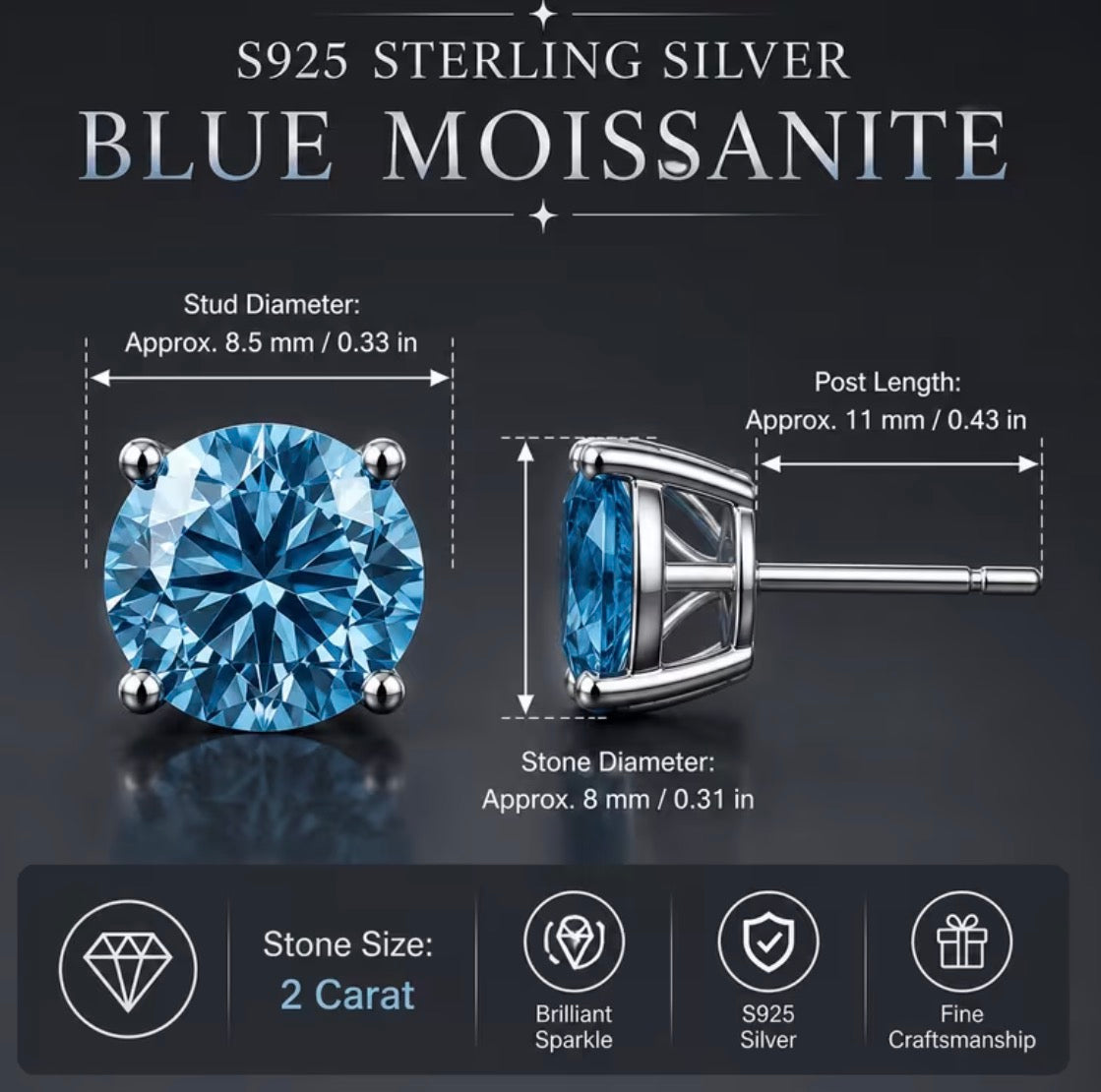 Earring size diagram: approximately 8 mm stone, 8.5 mm stud and 11 mm post