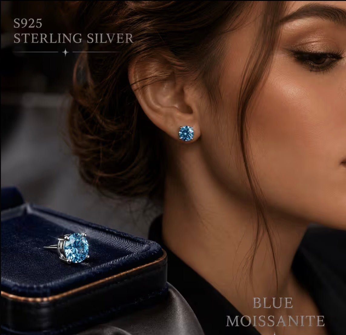 Blue moissanite stud earring styled on a model