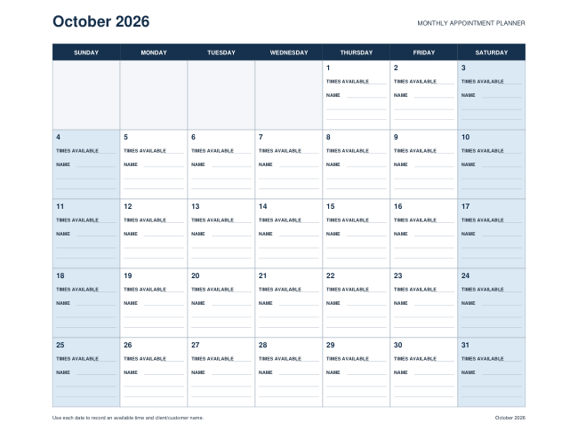 October–December 2026 Appointment Planner — actual source preview