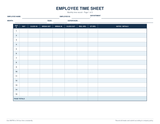 Monthly Employee Time Sheet — actual source preview