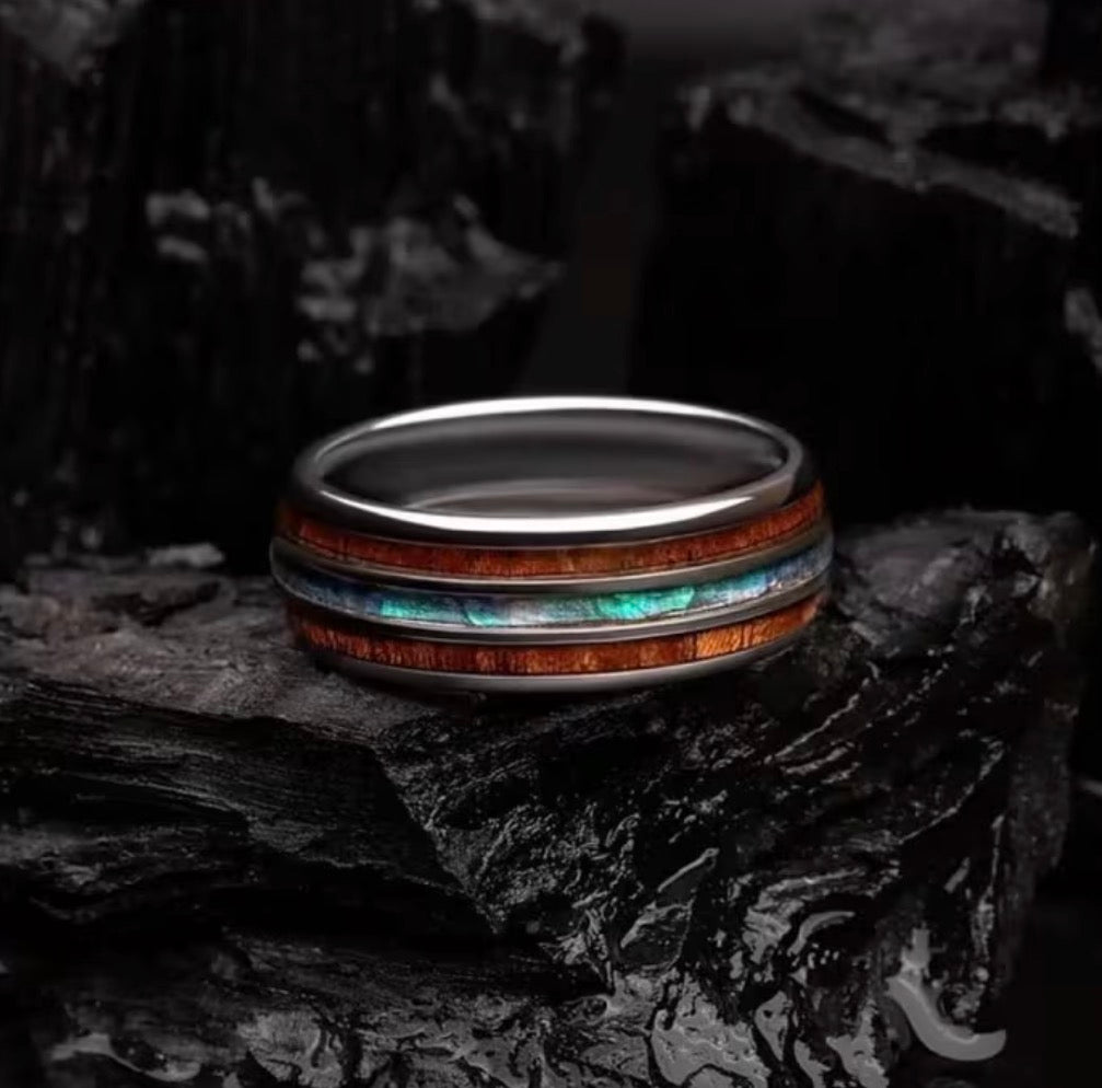 8mm polished tungsten ring with brown and blue-green decorative bands