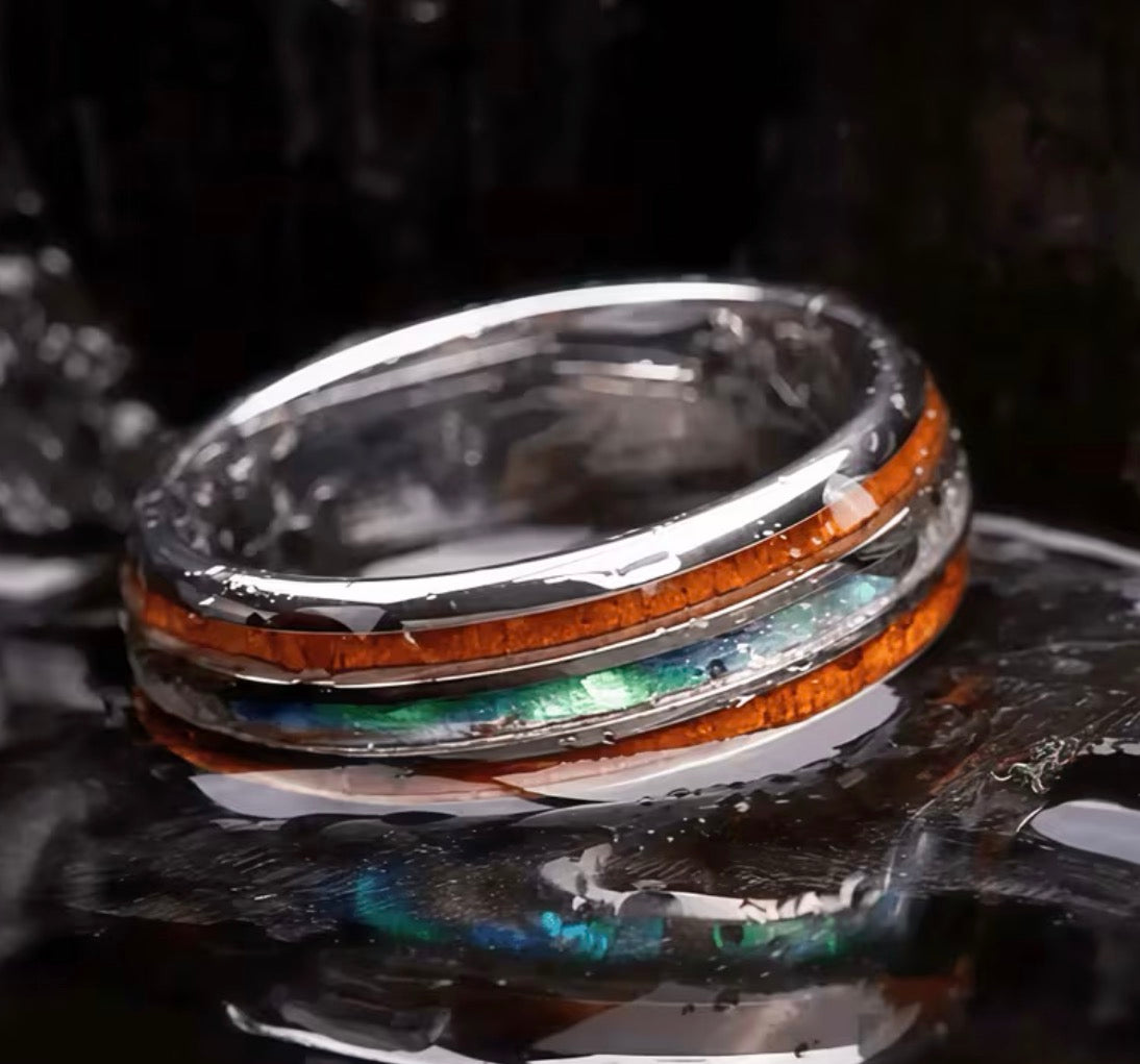 8mm polished tungsten ring with brown and blue-green decorative bands