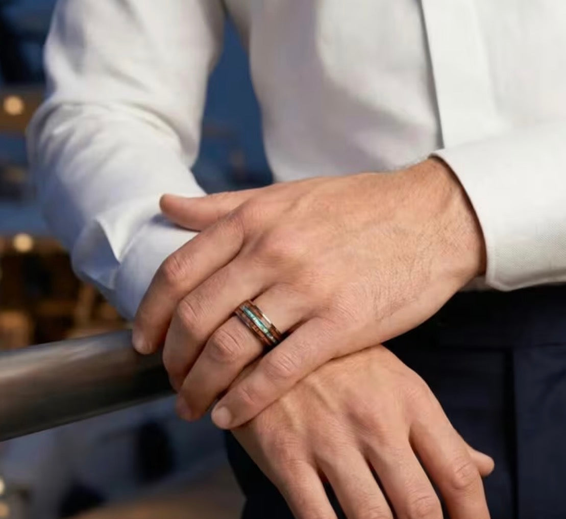 Men's polished tungsten ring worn on hand