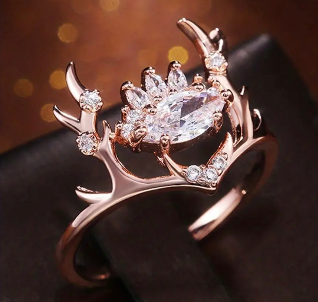 Custom made 14k Gold Plated Deer Antlers Ring CZ