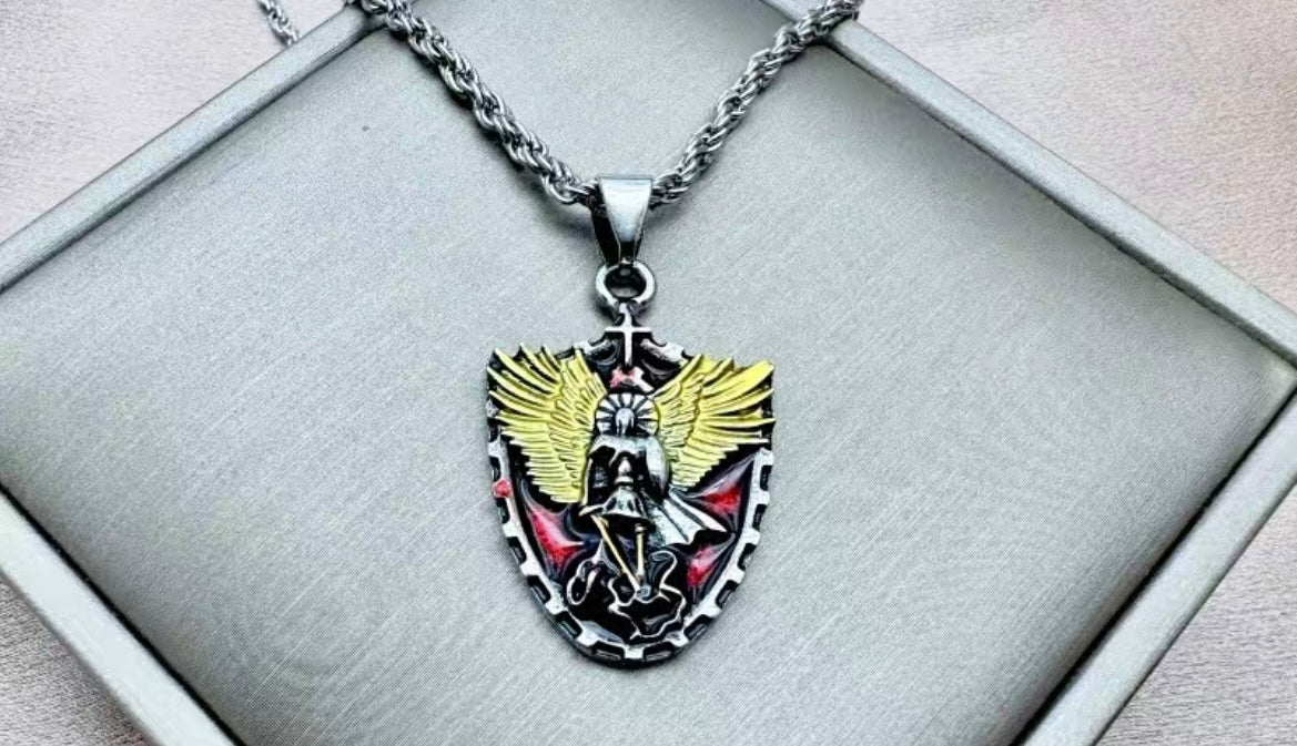 Stainless steel pendant and chain featuring a religious Saint Michael.