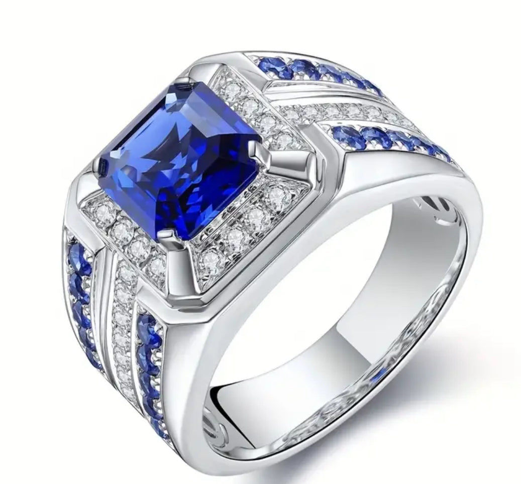Classic Fashion inlaid noble blue square zircon men’s promise ring