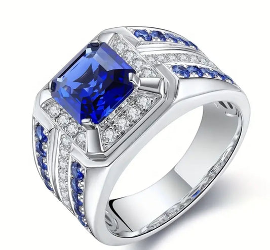 Classic Fashion inlaid noble blue square zircon men’s promise ring