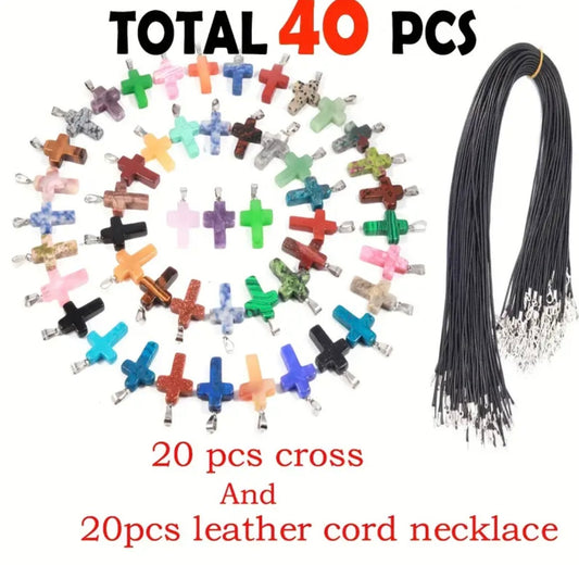 40 pcs/ 20 Set Multicolor Natural Gemstones and 20pcs Leather Cord Necklace With Ring Clasp