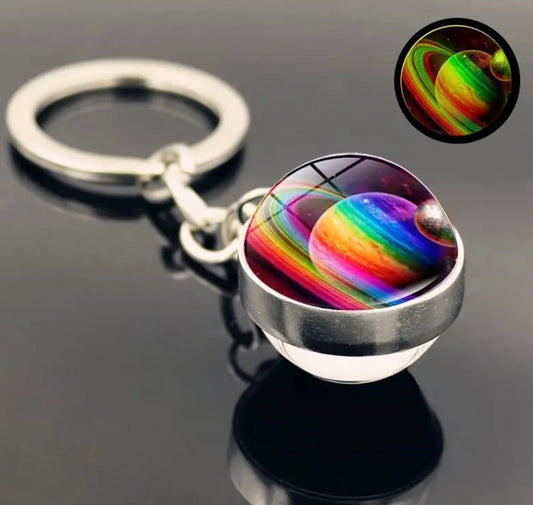 Galactic Glow Glass Keychain, Colorful Swirls, Luminous Space Orbit Design, Durable Metal Keyring Unique