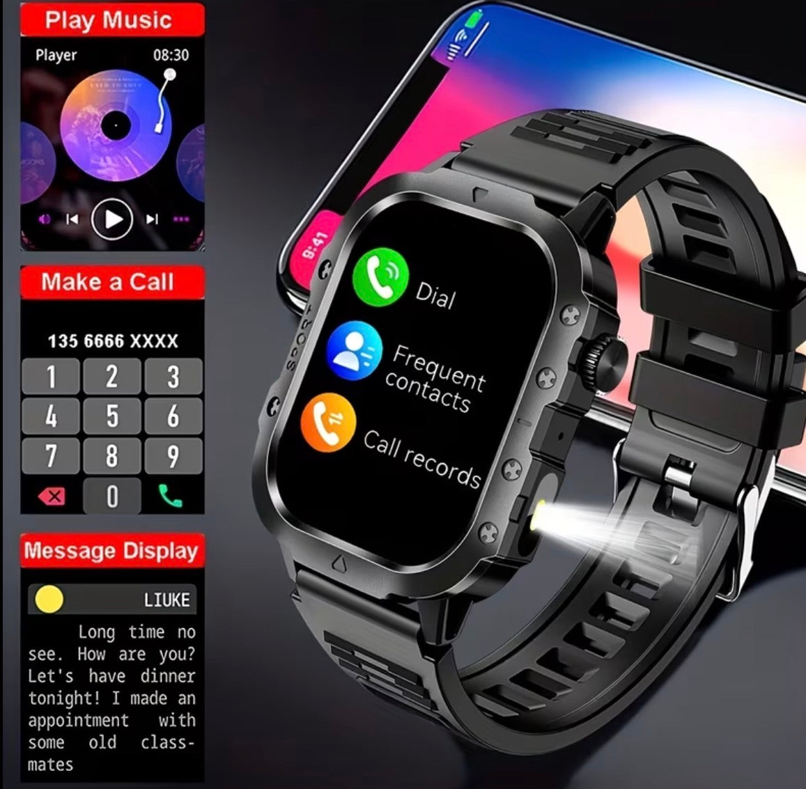 New Smart Watch 2.01 inch Large Screen LED Flashlight Fitness Tracker Compatible with iPhone or Android