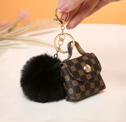 Mini Retro Style Coin Purse Keychain With Tassel and Fluffy Pom Pom Magnetic Snap Button