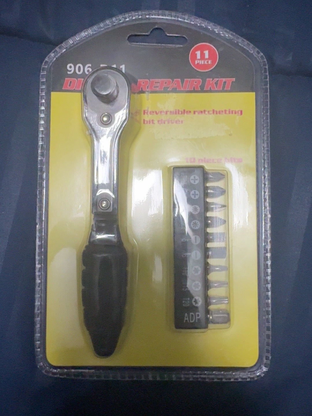 11-piece reversible ratcheting repair kit in its original retail packaging