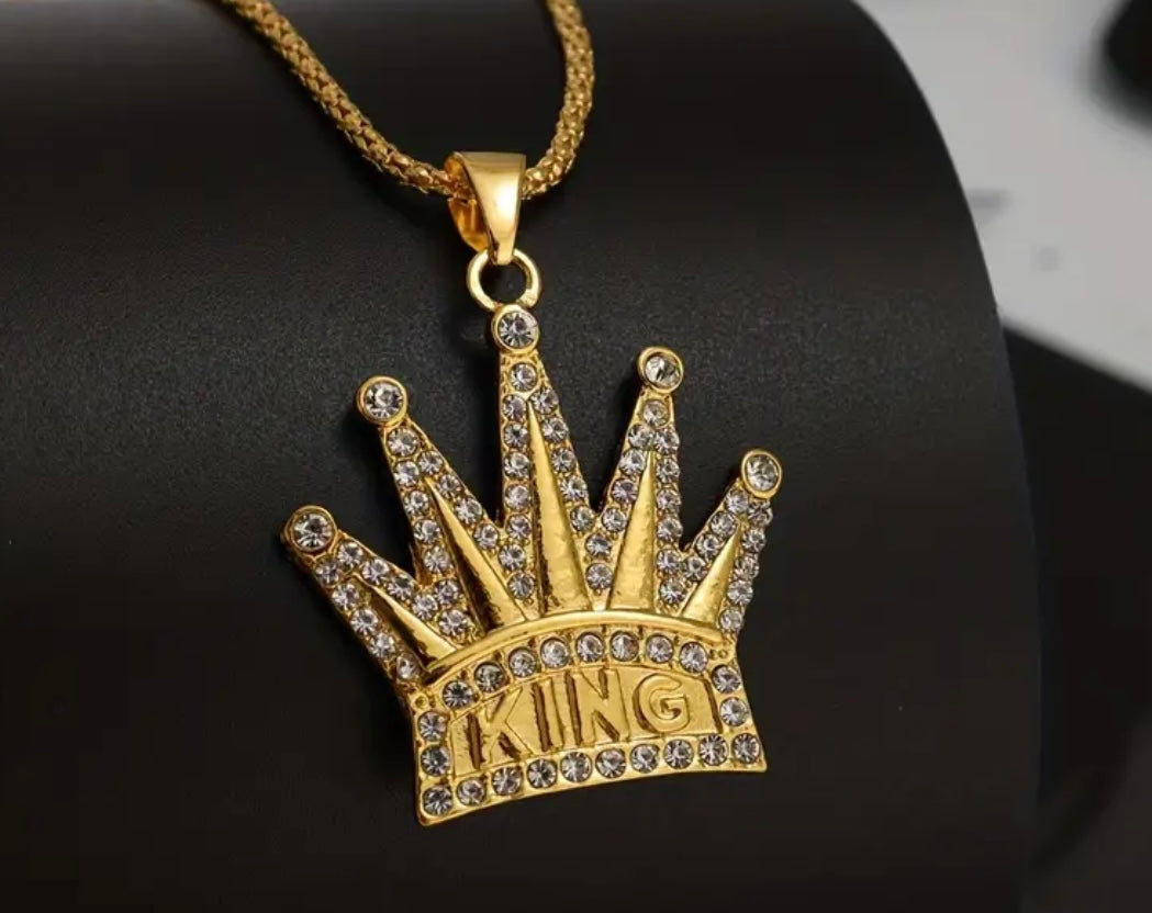 Golden Faux Diamond King Crown Pendant Necklace Men’s Custom Costume Jewelry