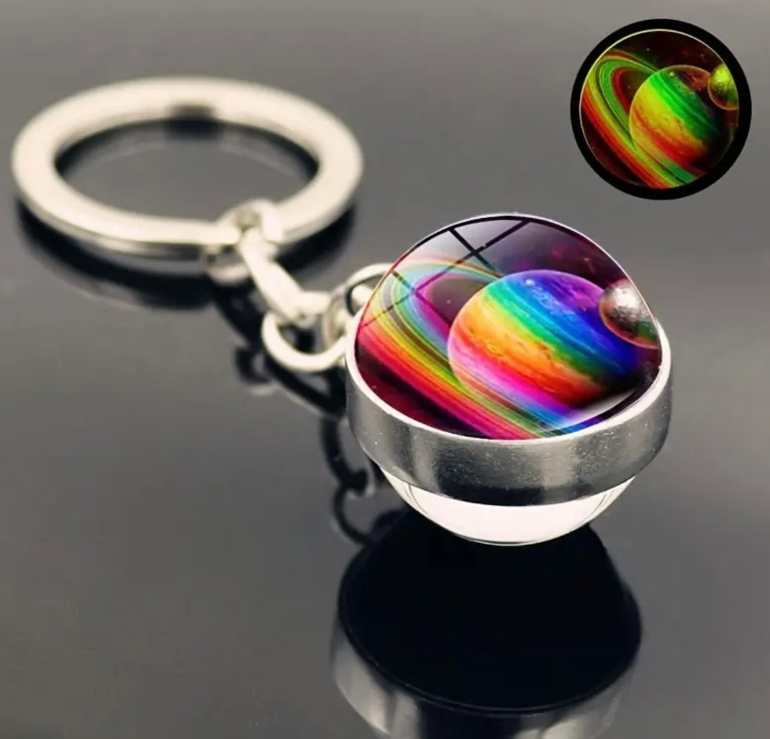 Galactic Glow Glass Keychain, Colorful Swirls, Luminous Space Orbit Design, Durable Metal Keyring Unique