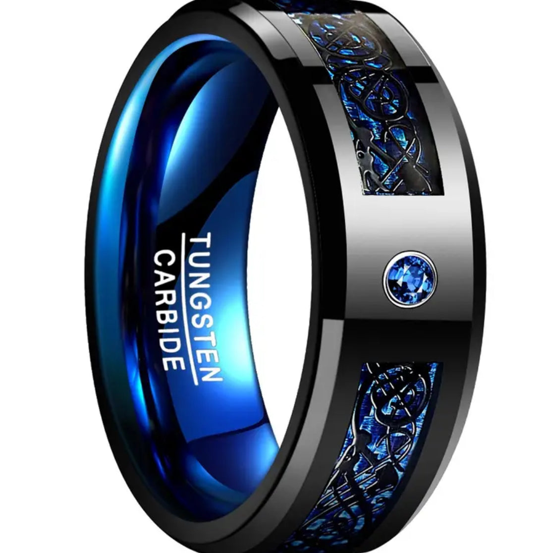 A 8mm wide inlaid Black Dragon Pattern Blue Carbon Fiber Mens Tungsten Ring