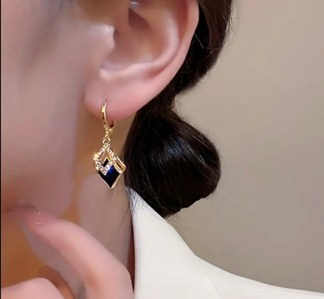 Double Rhombus Shape Shiny Zircon Inlaid Dangle Elegant Earrings