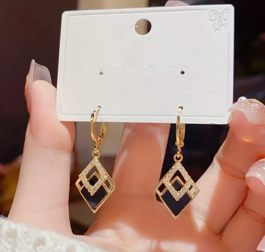 Double Rhombus Shape Shiny Zircon Inlaid Dangle Elegant Earrings