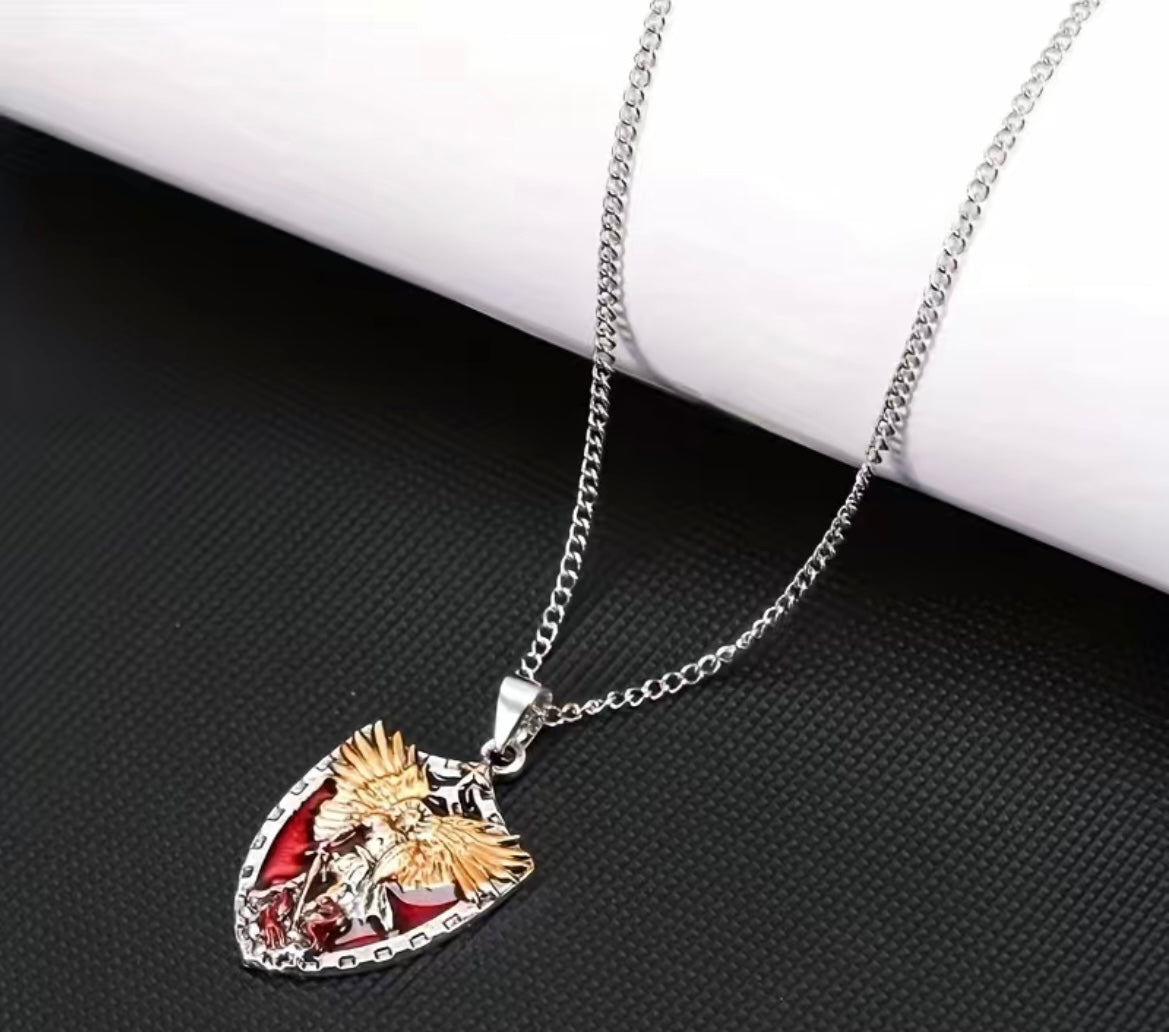Stainless steel pendant and chain featuring a religious Saint Michael.