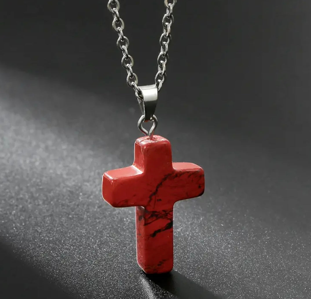 Natural Stone Cross Gemstone Pendant Necklace