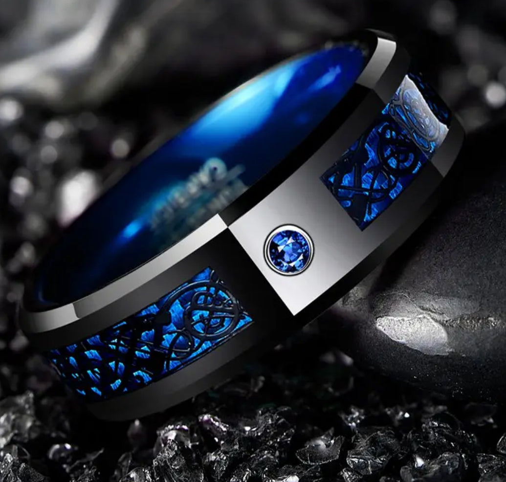 A 8mm wide inlaid Black Dragon Pattern Blue Carbon Fiber Mens Tungsten Ring